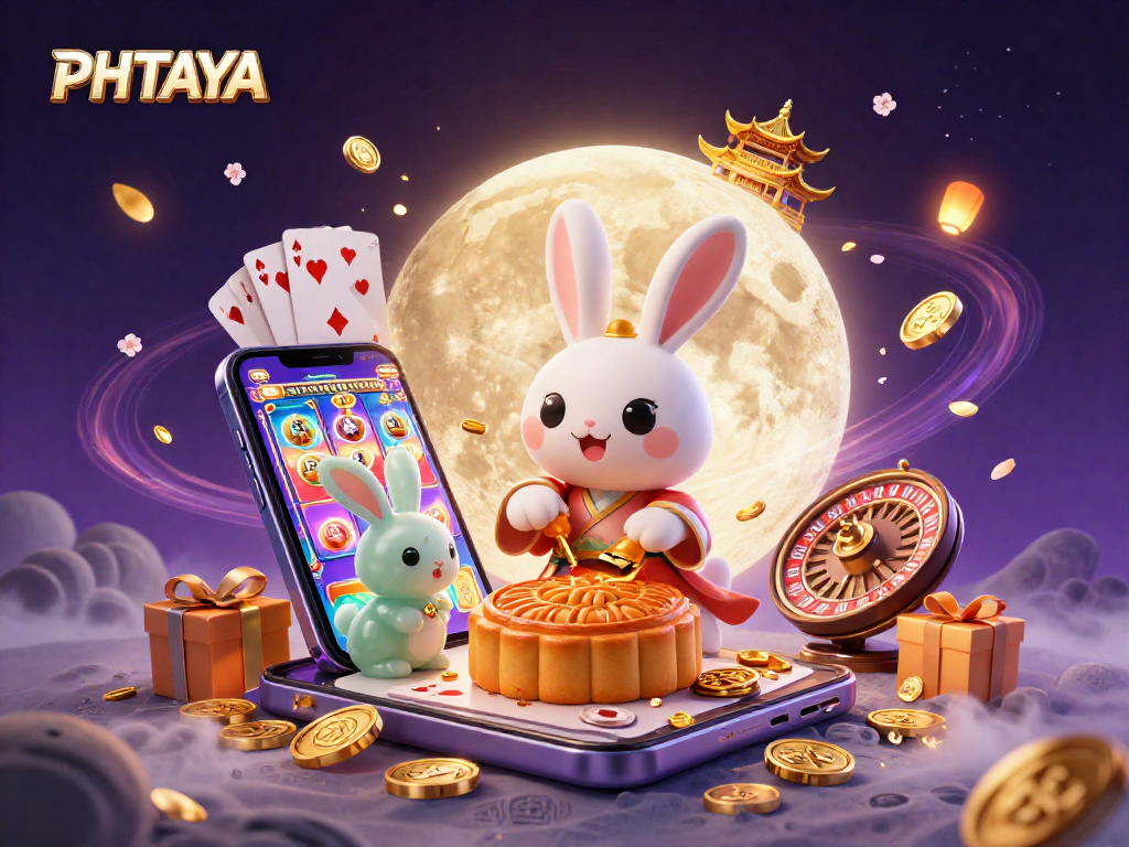 PHTAYA captivates players with vibrant 3D casino scene featuring a moon rabbit and entertaining game elements.