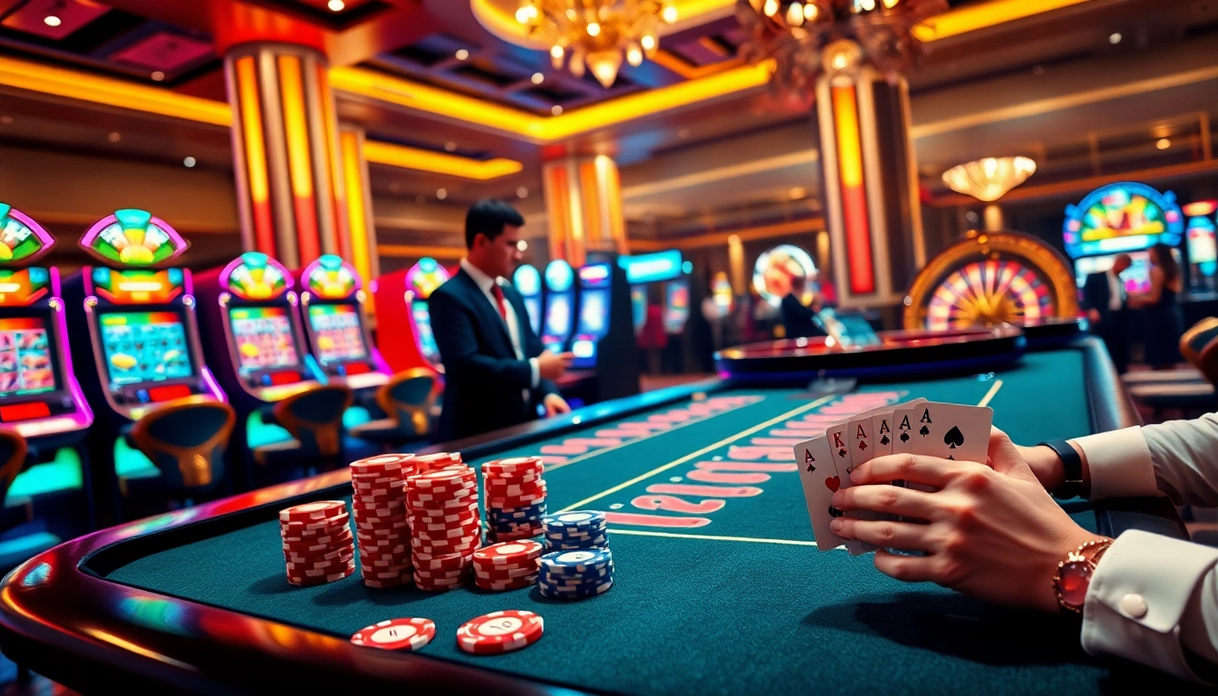 A lively casino table showcasing the excitement of betting at nhà cái 9bet with colorful chips and professional dealers.
