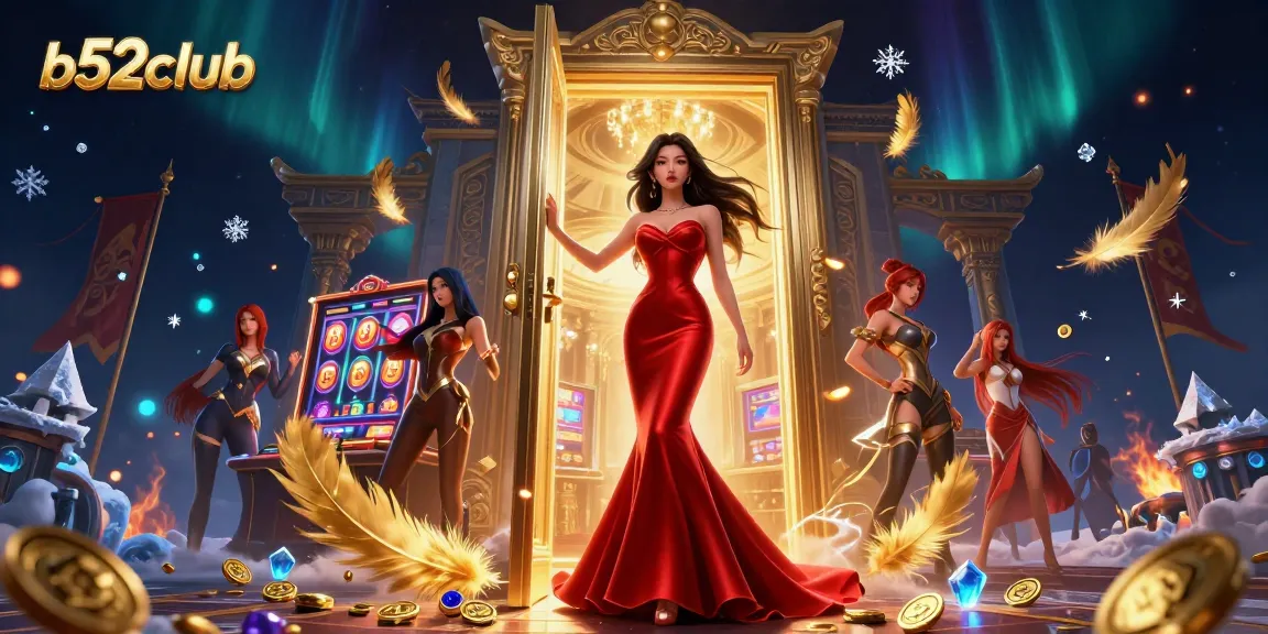 Bets and spins come alive at b52club with a stunning Asian woman welcoming players in a vibrant casino.