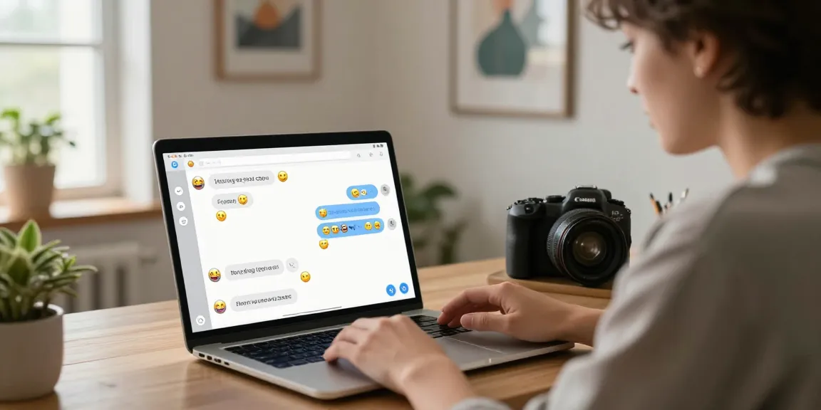 An engaging free ai sex chat interaction on a sleek laptop in a stylish home office, showcasing playful messages and emoji reactions.