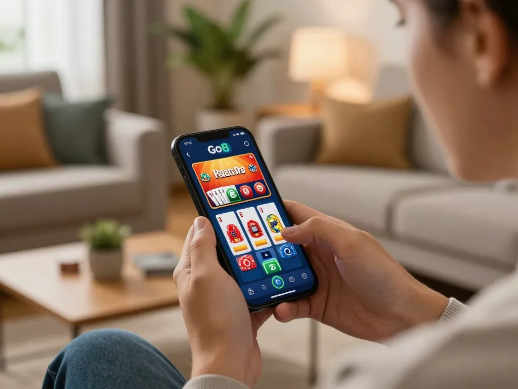 Engaging with the Go8 casino app on a smartphone from a cozy home setting during an online gaming session