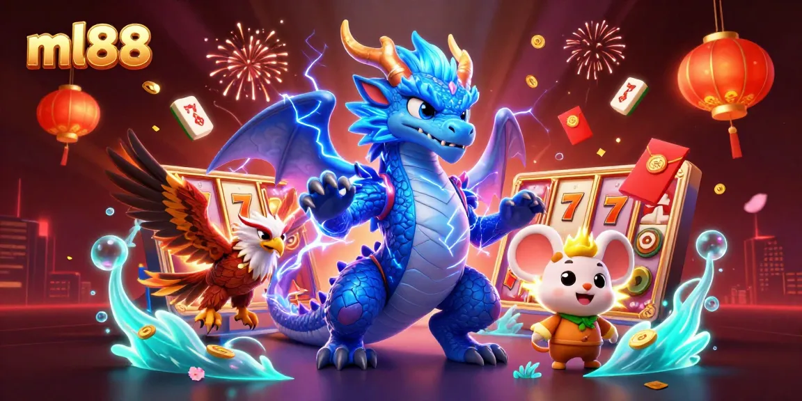 Experience thrilling casino adventures with ml88 featuring energetic 3D dragon, hawk, and mouse amidst vibrant slot reels.