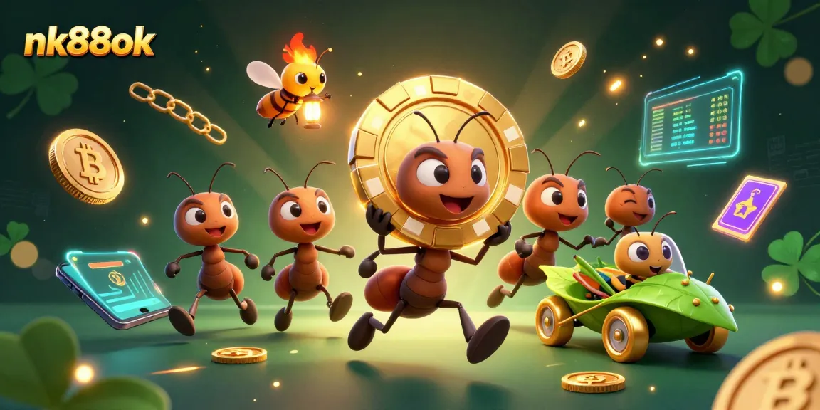 Team of ants undertake a thrilling heist carrying a massive golden poker chip at nk88ok.