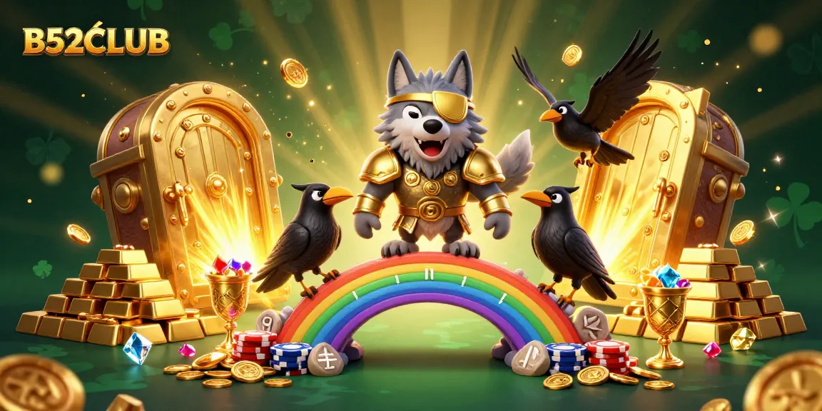 B52CLUB showcases a vibrant 3D fantasy casino scene featuring Odin, gold, and gems for an engaging gaming experience.