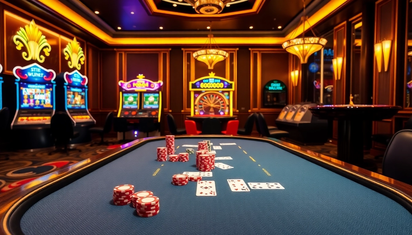 Exciting casino scene showcasing U888 poker action with colorful chips, cards, and slot machines.