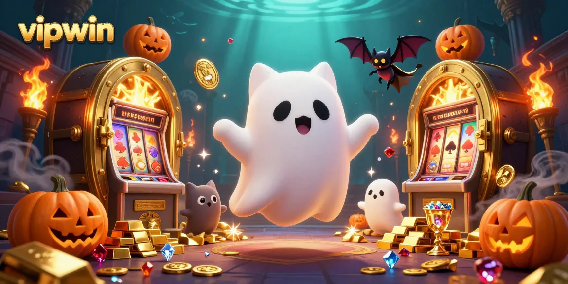 Experience the thrill of vipwin with ghostly characters amidst golden treasures and casino excitement.