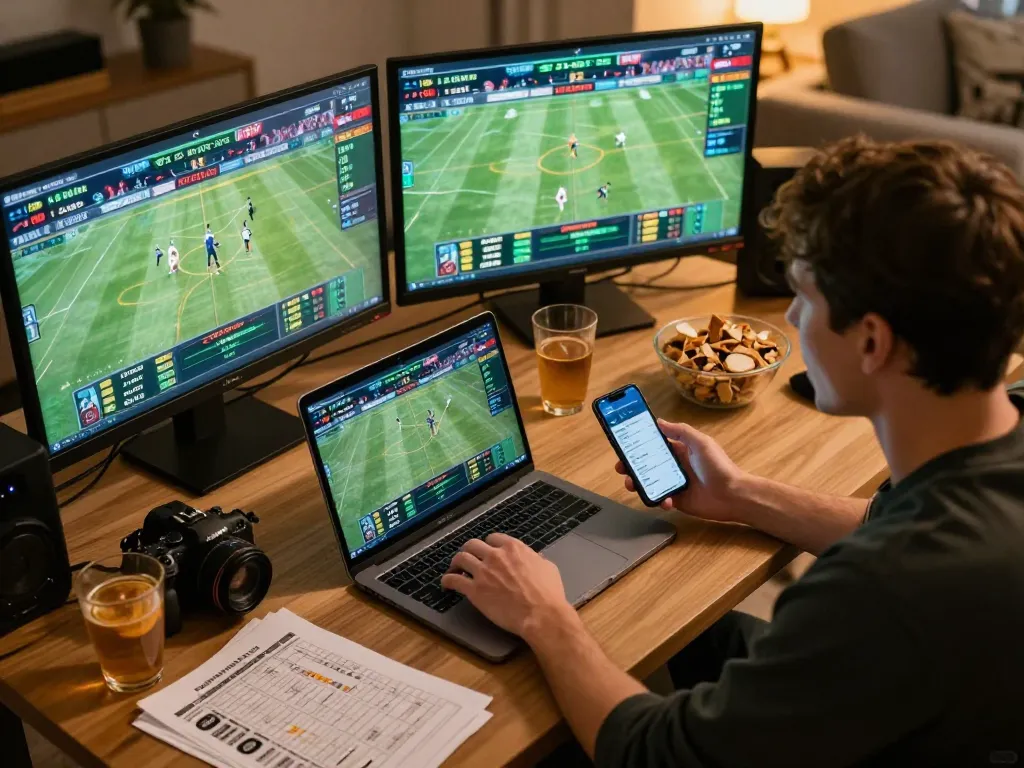 Engaging online sports betting setup featuring nk88 bet odds analysis on multiple screens in a cozy home