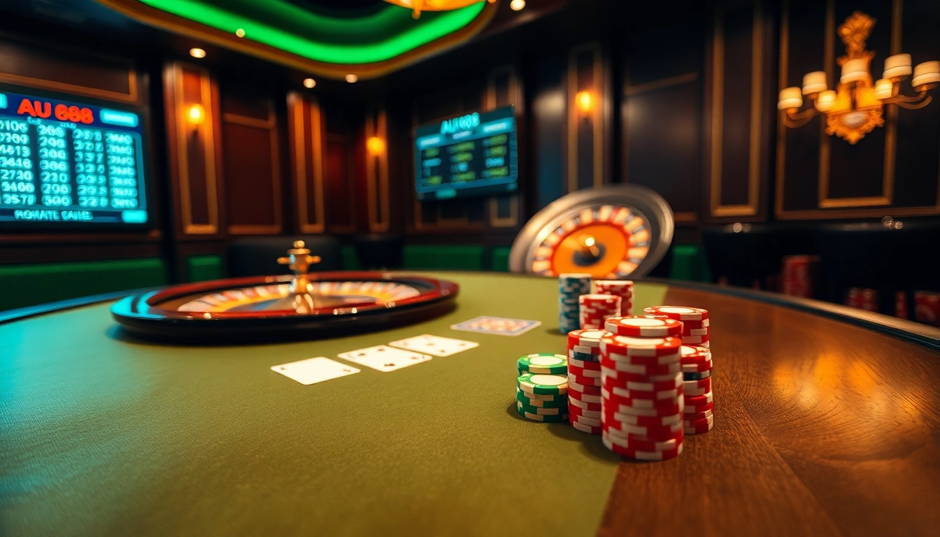 Experience the excitement of AU88 poker tables and vibrant casino chips in a luxurious setting.