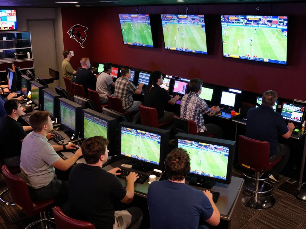 Excited bettors engaging in sports betting at the lively FC88 sportsbook lounge.