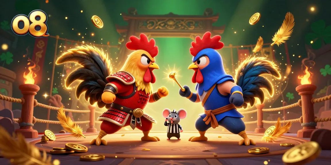 Engage in thrilling rooster battles at o8, showcasing epic samurai and ninja duels amid golden feathers.