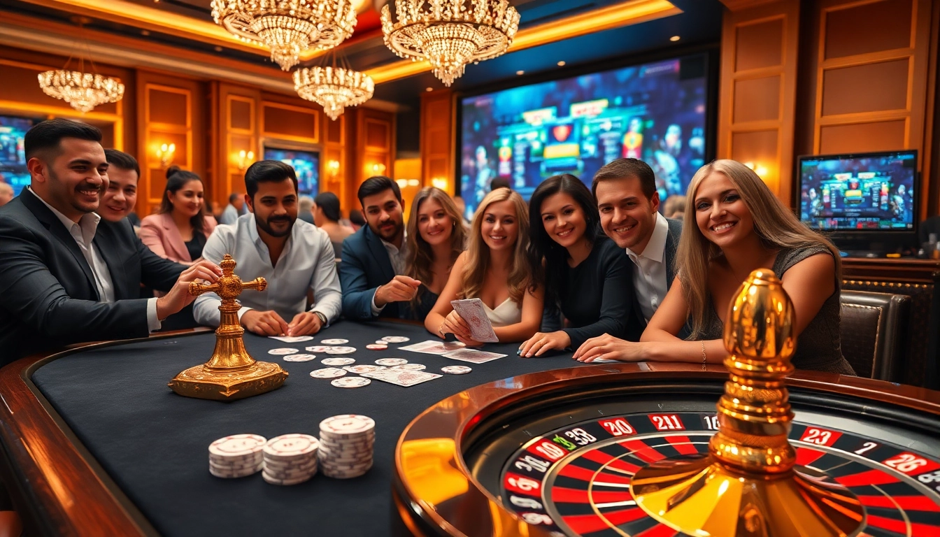 S666 gambling players engaged around a luxurious poker table with vibrant casino elements.