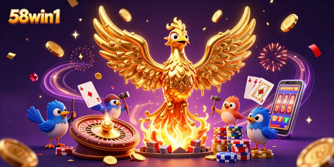 Experience the thrill of 58win1 with a golden phoenix symbolizing jackpot excitement amidst cascading coins.