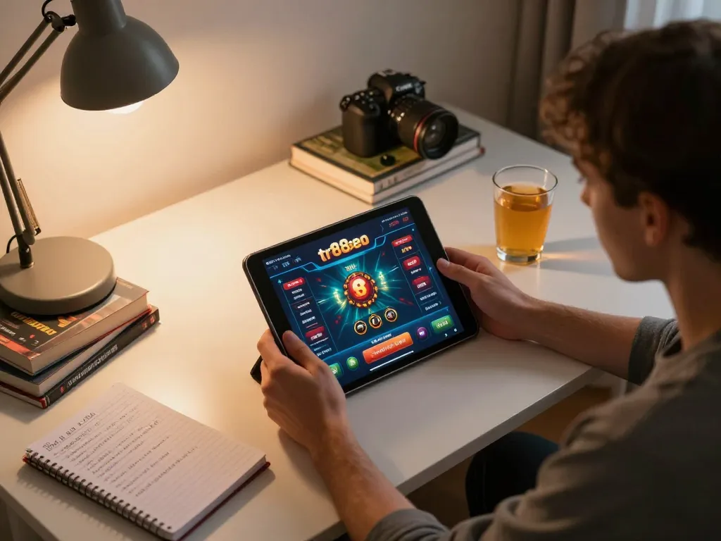 Player strategies online with tr88seo gaming app on tablet in a cozy home office.