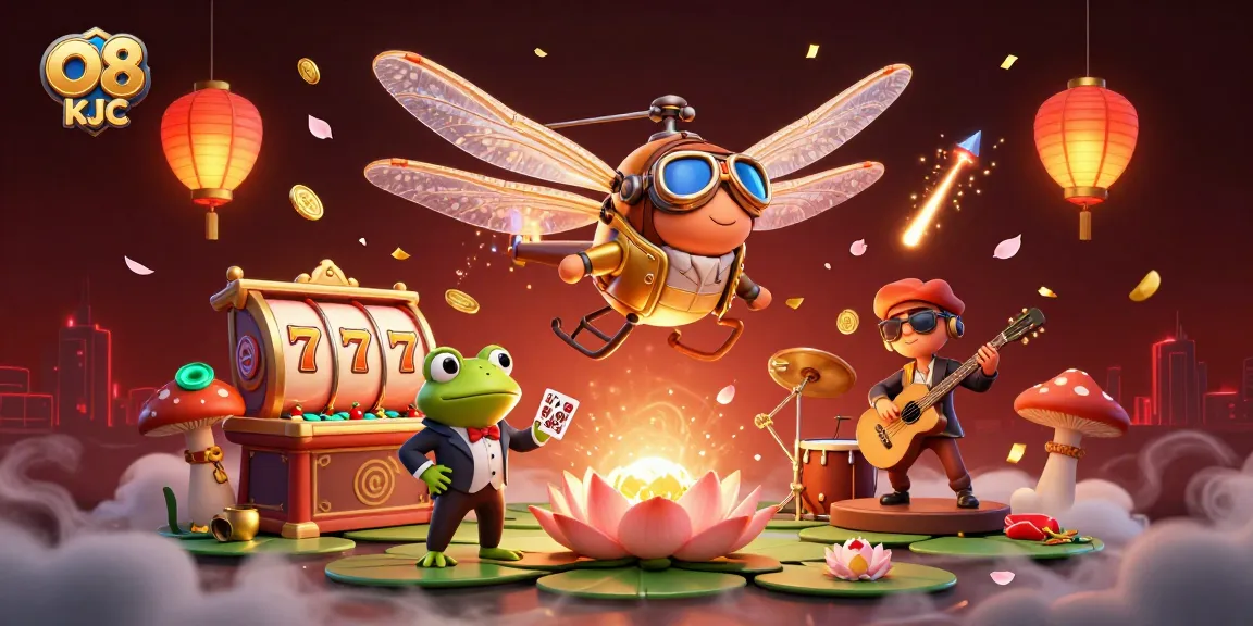 Experience the vibrant excitement of O8 KJC with a dynamic casino scene featuring spinning reels and colorful characters