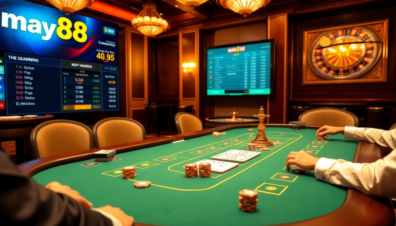 Experience the thrill of may88 with poker chips and cards at a lively casino table.