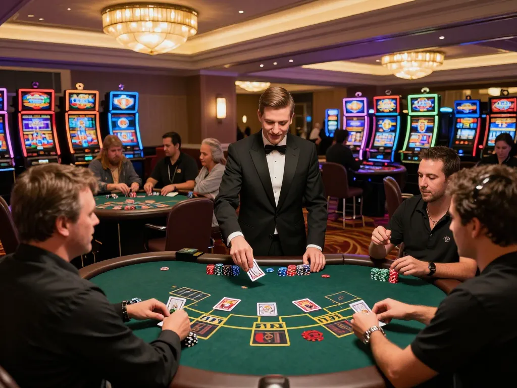 Kuwin COM players strategizing bets at blackjack tables in a luxury casino atmosphere