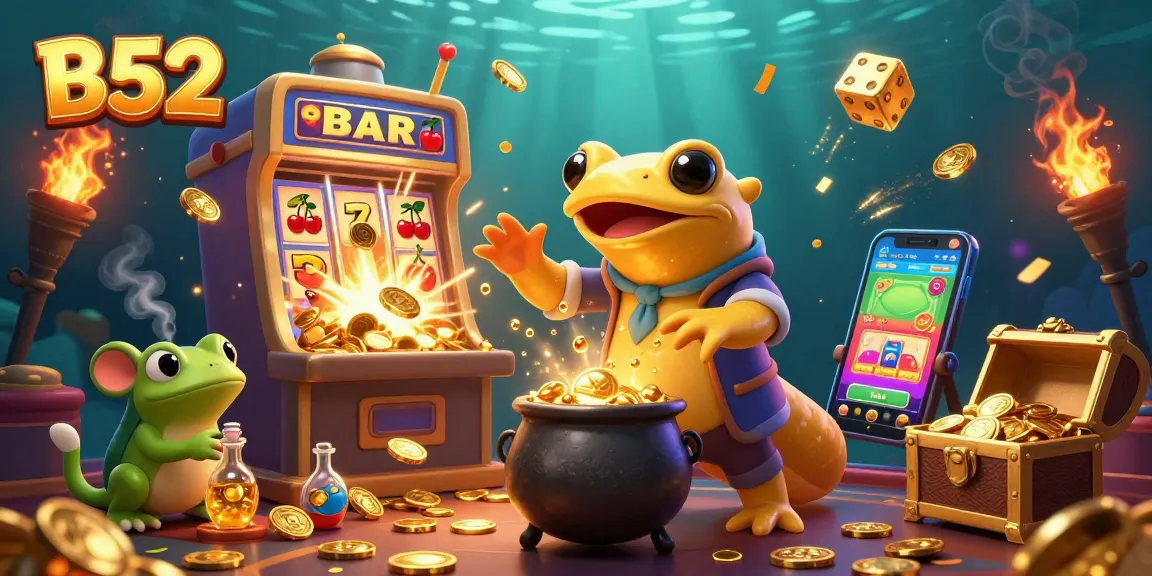 B52 casino scene showcasing a giant golden salamander alchemist creating gold coins amidst vibrant gaming elements.