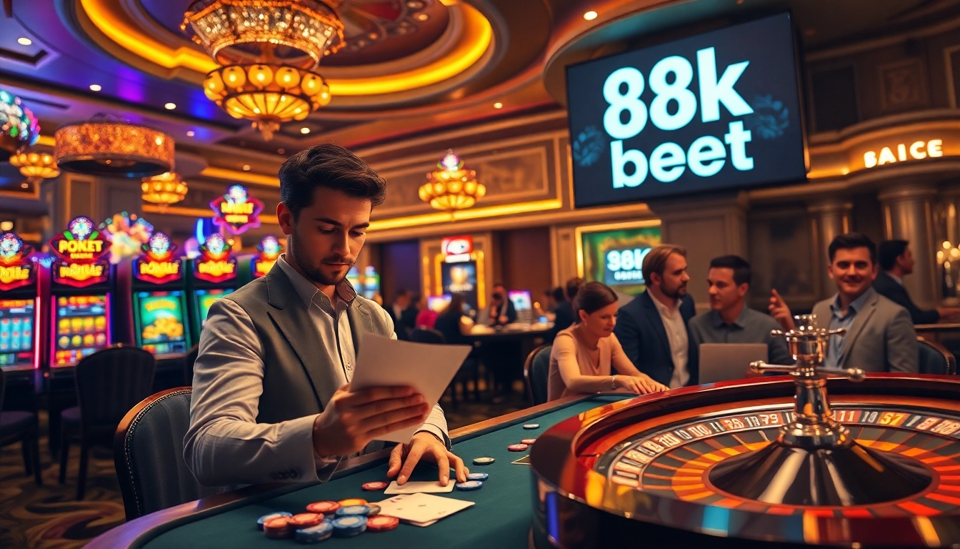 Engaged players making an 8k bet at a luxurious casino table under dazzling lights.