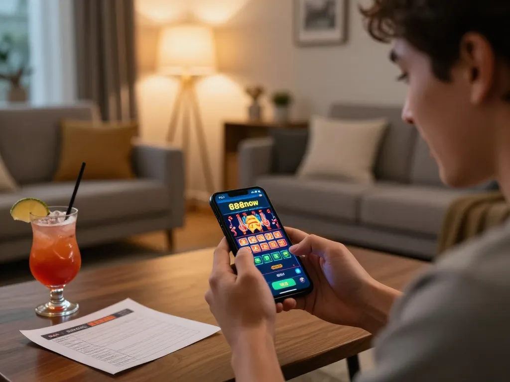 Engaging in exciting gameplay on 888now com mobile app, showcasing a cozy gaming setup.