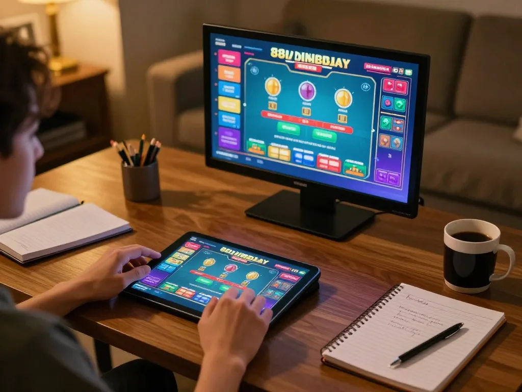 Person enjoying 88vv mobile casino gaming on tablet, surrounded by strategic betting notes in cozy setting