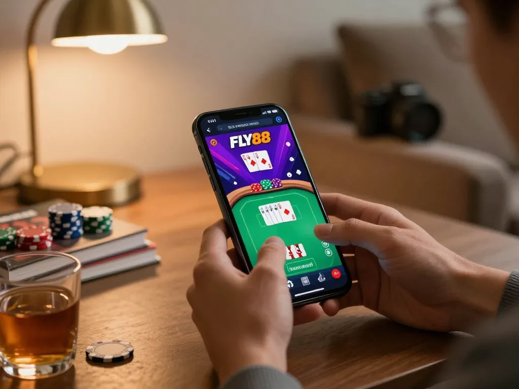 FLY88 mobile gaming excitement featuring a vibrant casino app with gameplay on a smartphone.