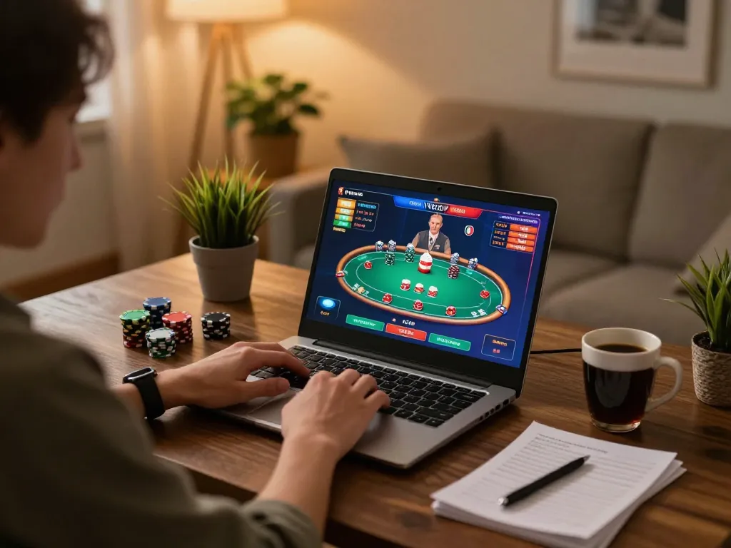 Engaging in online poker at home on 789win with visual strategy notes and vibrant game display.
