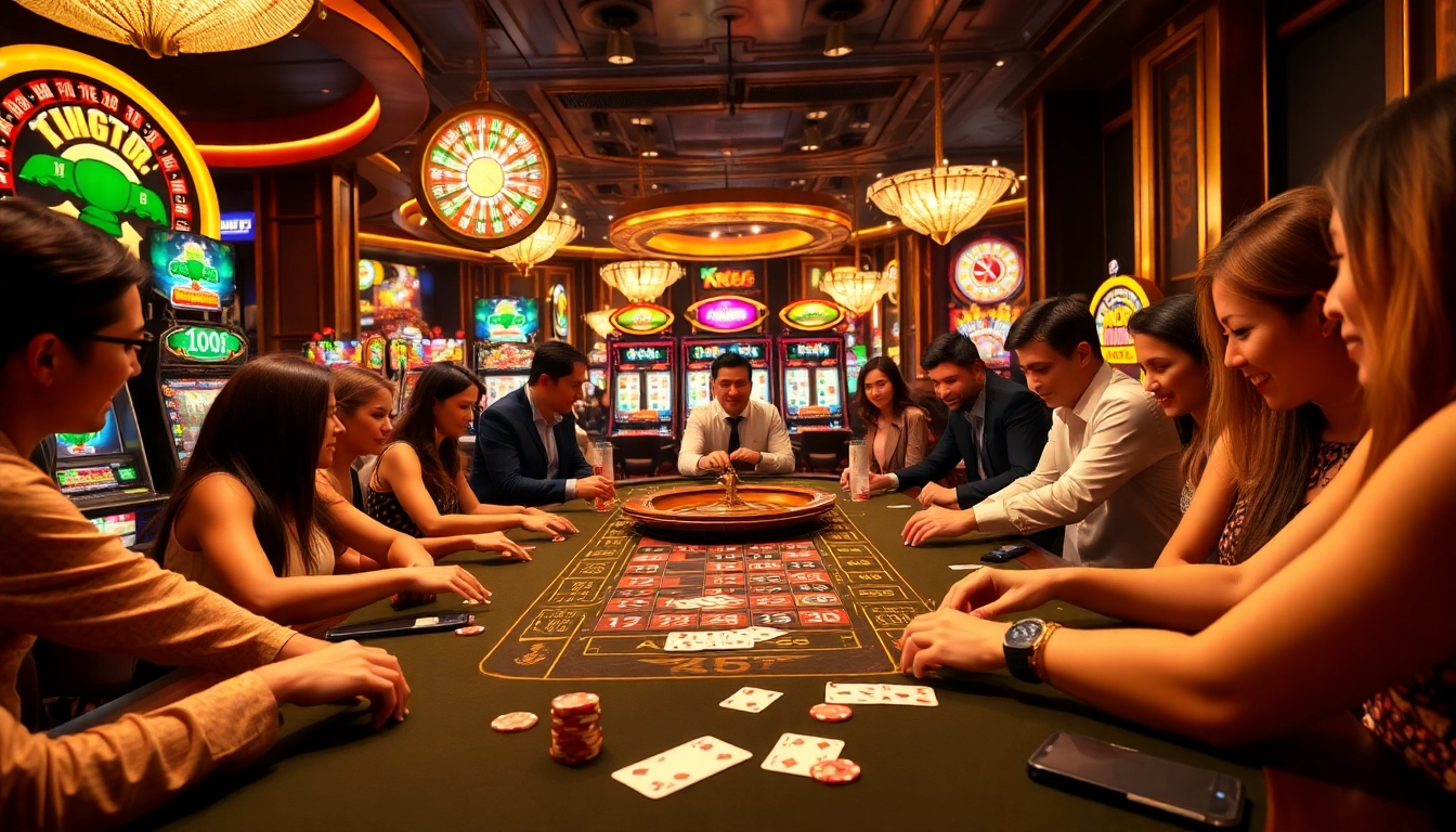 KP88 gaming table filled with vibrant chips and cards in a lively casino atmosphere