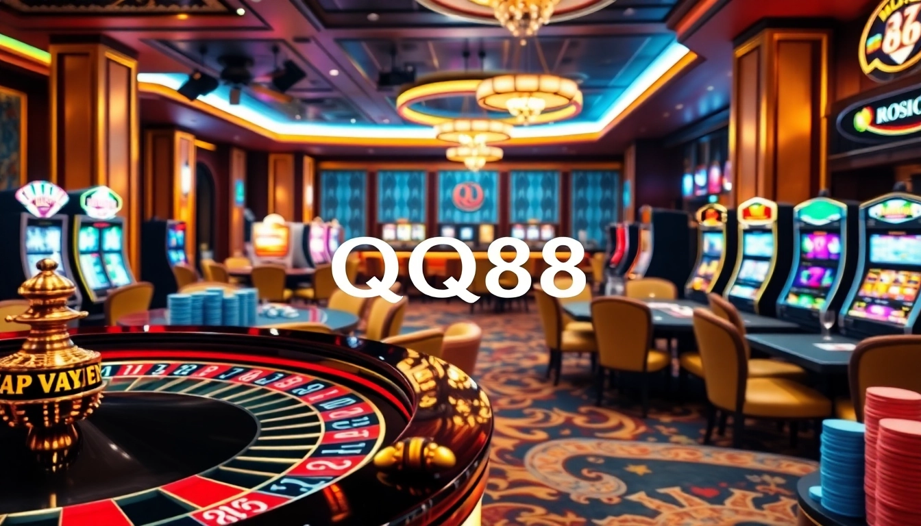 Excited players enjoying various casino games at QQ88 in a luxurious setting.