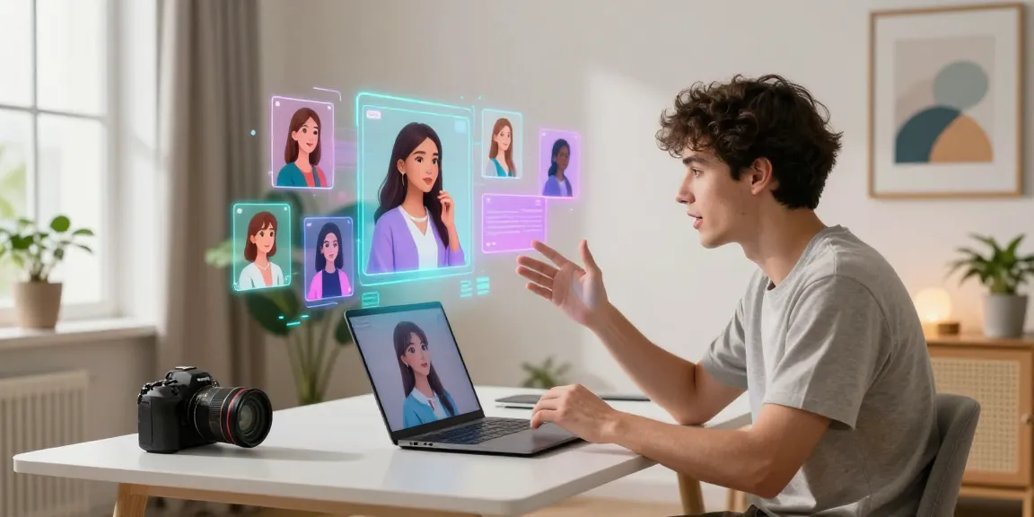 Engaging interaction with an AI girlfriend through a holographic interface, showcasing virtual avatars and a modern desk setup.