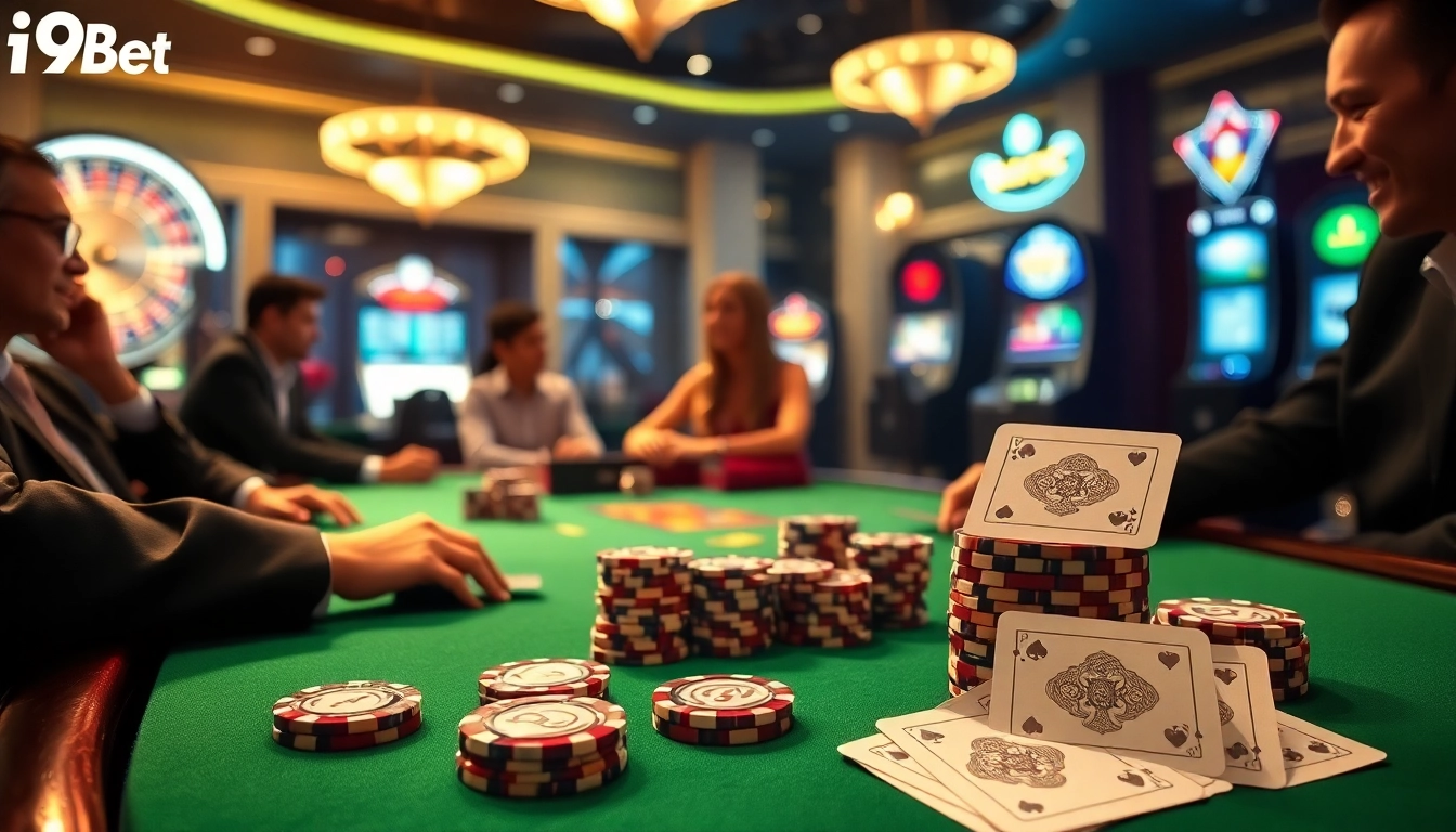 i9bet players strategizing at a high-stakes poker table, surrounded by vibrant gaming elements.