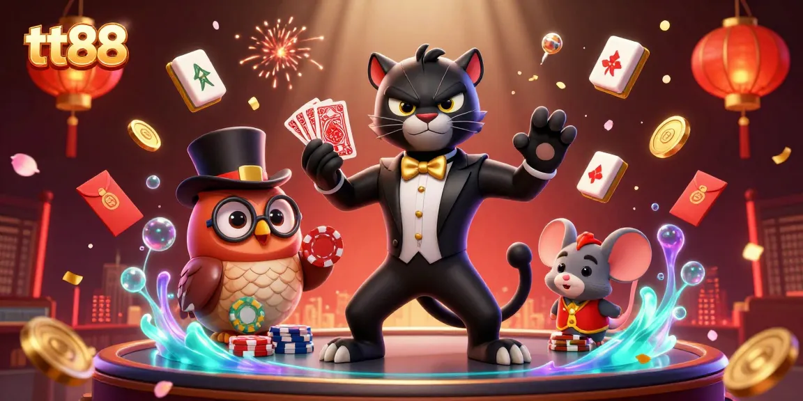 tt88 features a stylish panther, an owl, and a lucky mouse in an engaging casino scene, dealing cards and holding chips.