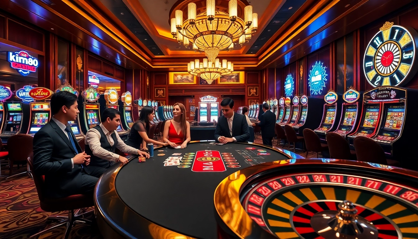 Engaging players at the kim88 club enjoying blackjack amidst vibrant casino elements.