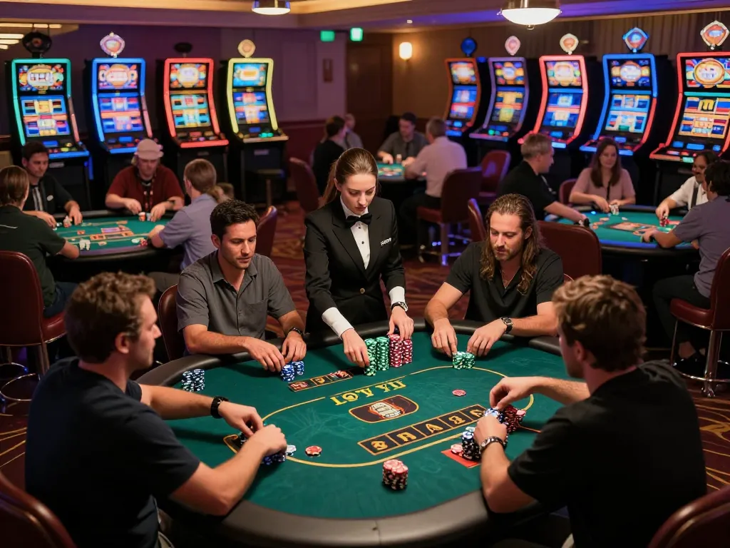 Players engage in strategic Texas Hold'em poker at a bustling casino, TX88-themed gaming tables enhancing the atmosphere.