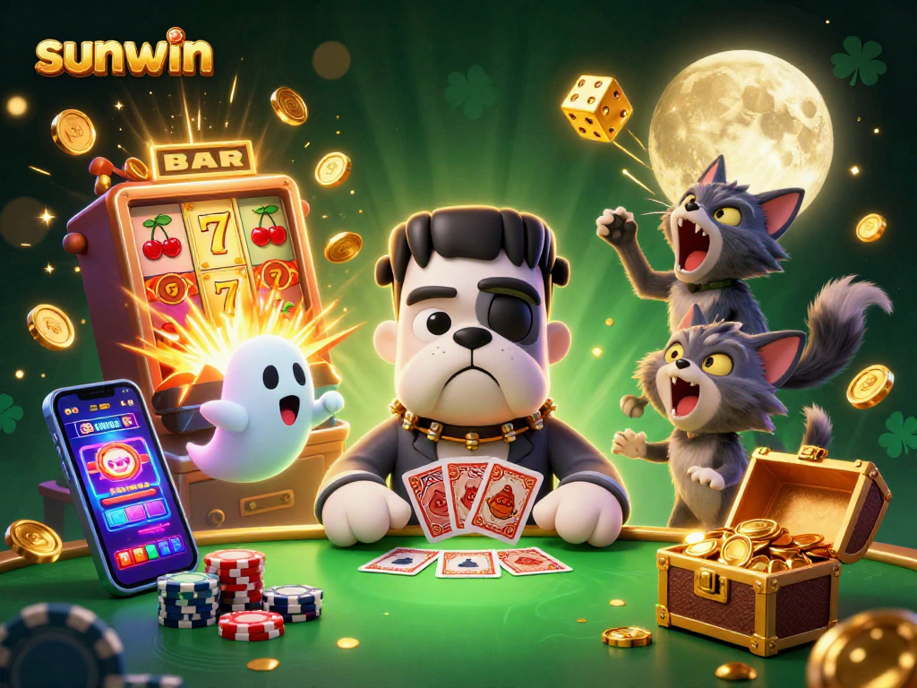 Experience thrilling wins at sunwin with a 3D illustration of a monster dealing cards amidst casino excitement.