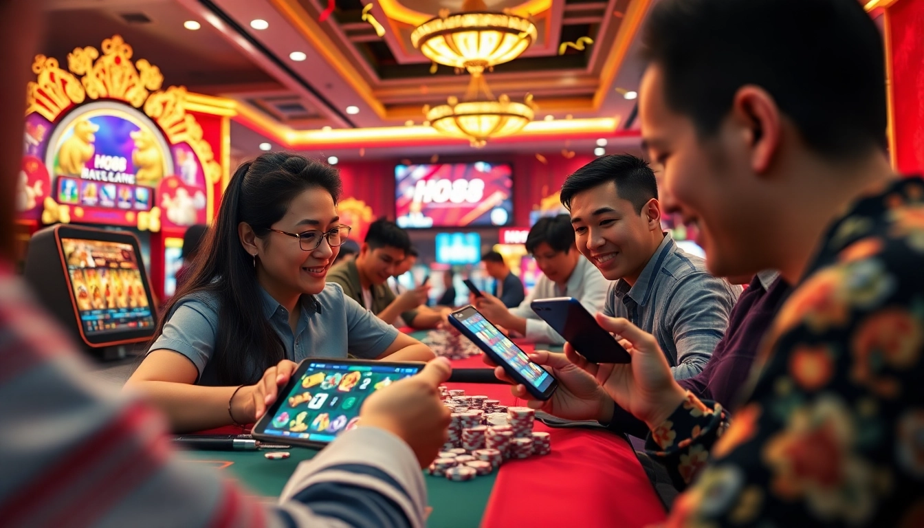 Exciting online casino scene with Ho88 players celebrating wins in a vibrant atmosphere.