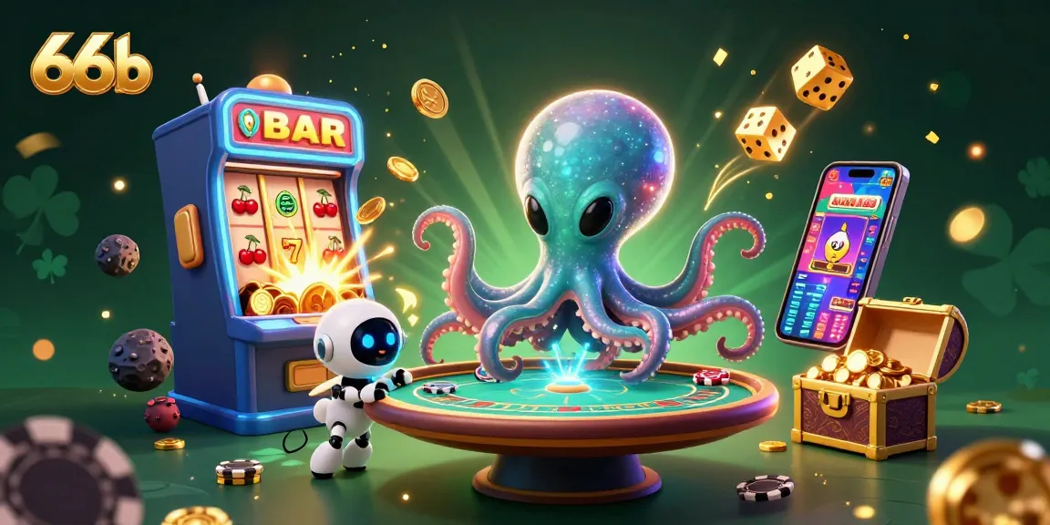 Experience thrilling wins at 66b with a lively alien octopus orchestrating a holographic poker table.
