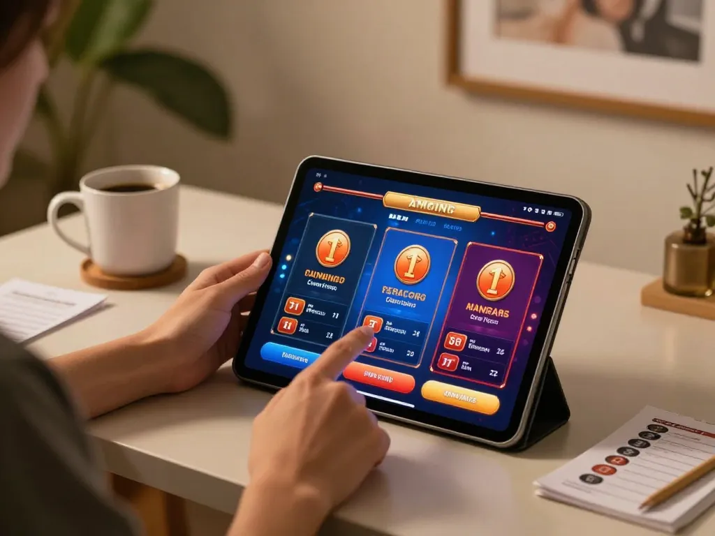 Engaging online gaming setup featuring Bay789 app on tablet, cozy home ambiance.