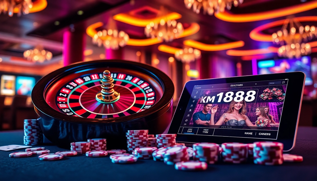 Experience the excitement of km1888b casino gaming with vibrant tables and poker chips.