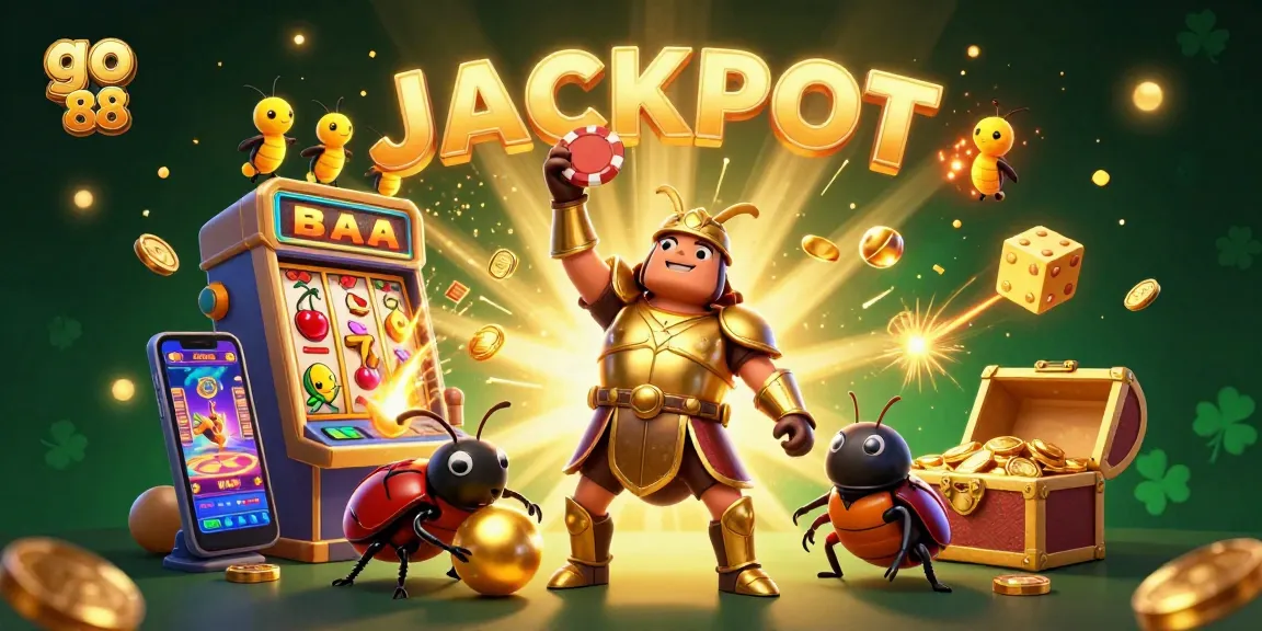 Experience the excitement of go 88 as the victorious beetle lifts a poker chip amidst colorful casino elements.