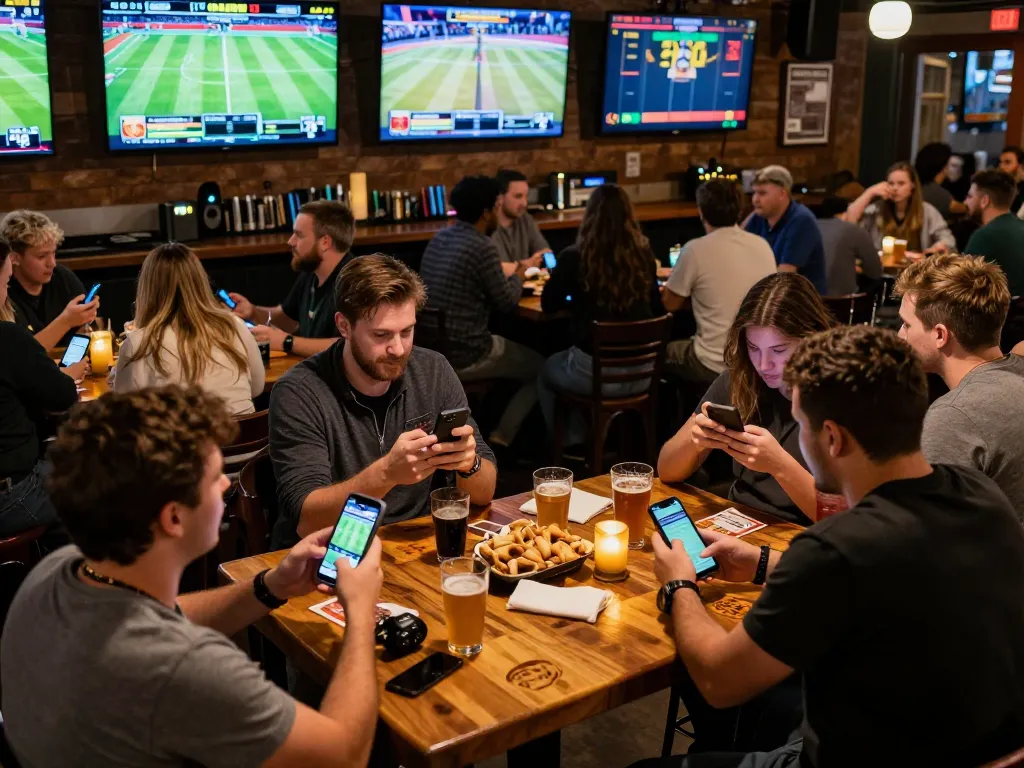 Onbet players engaging in thrilling sports betting at a lively bar with multiple screens