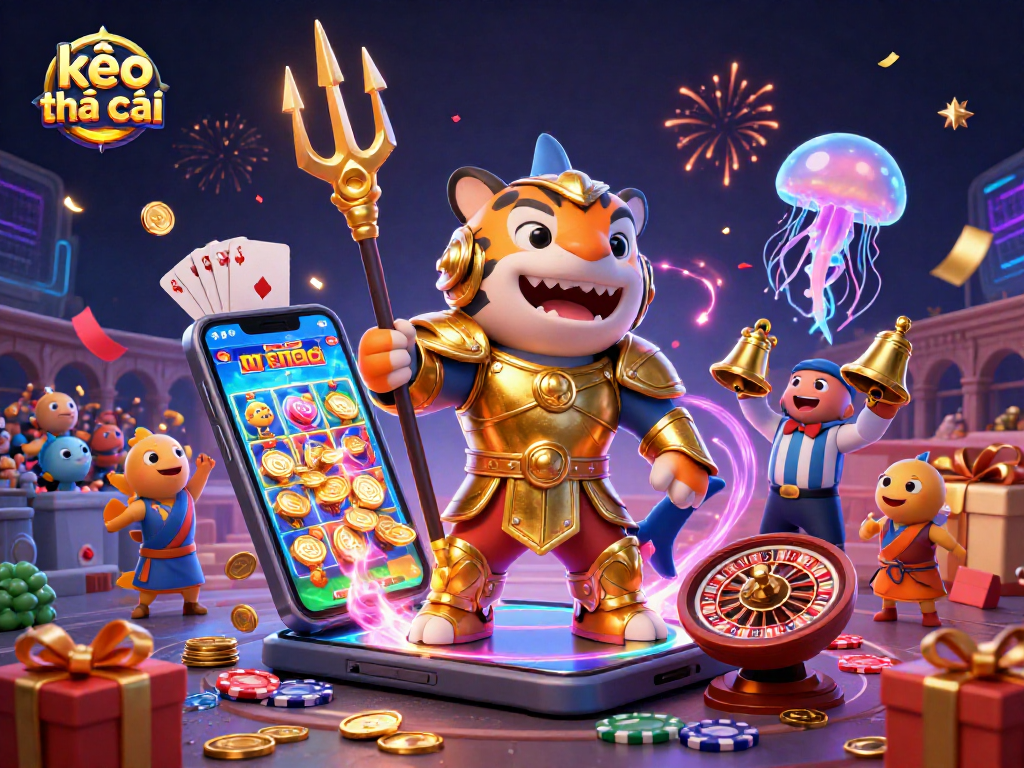 Catch engaging kèo nhà cái action in this vibrant 3D illustration showcasing a tiger shark and gambling elements.