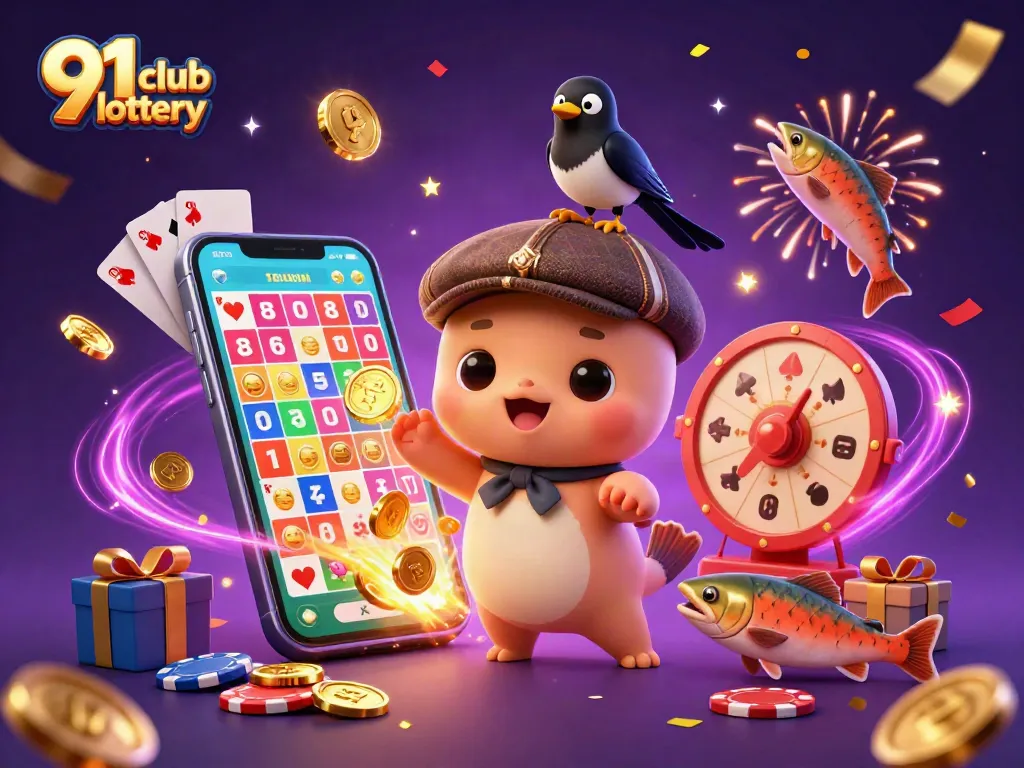 Engage in the 91 club lottery with vibrant gaming visuals, showcasing prizes and excitement.