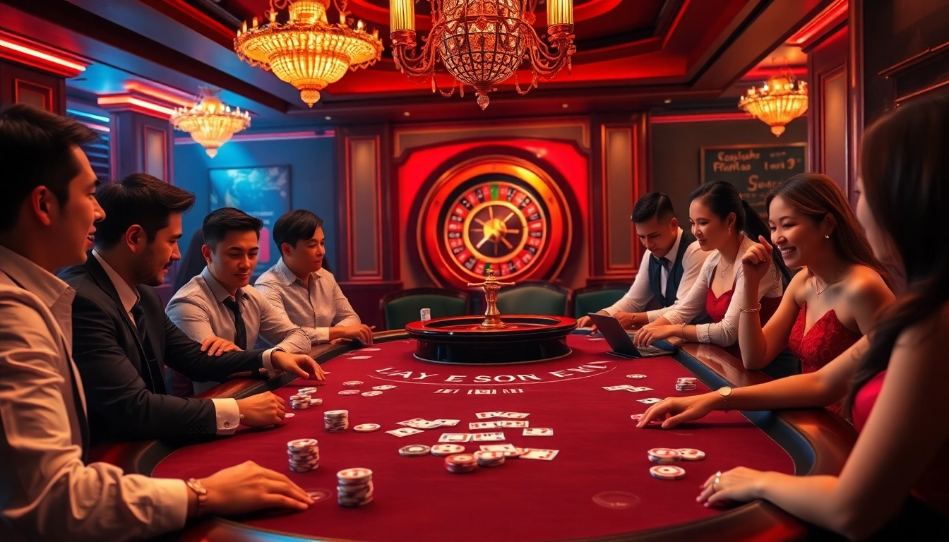 Exciting moment in Game bài Sunwin with players at a vibrant poker table in a luxurious casino.