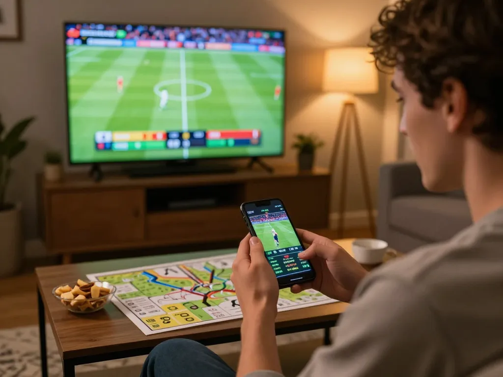 Betting on LV88 using a smartphone while watching a live football match in a cozy living room setting.