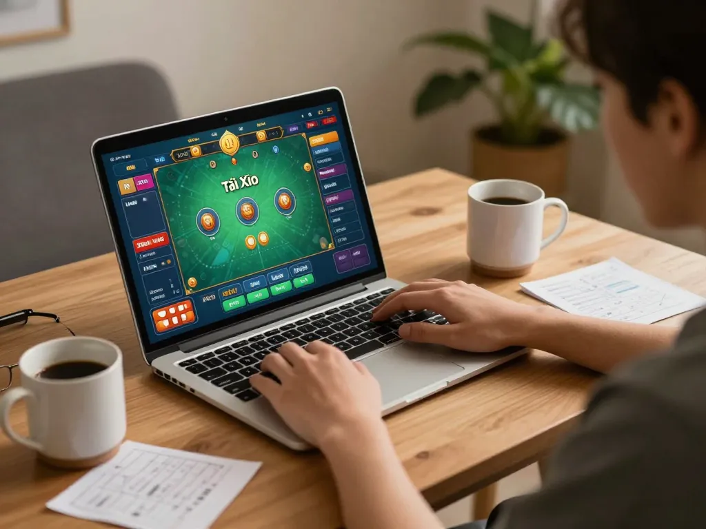 TaiXiuOnlineGo: Person engaging in Tài Xỉu online gameplay at cozy home setup, showcasing laptop interface.