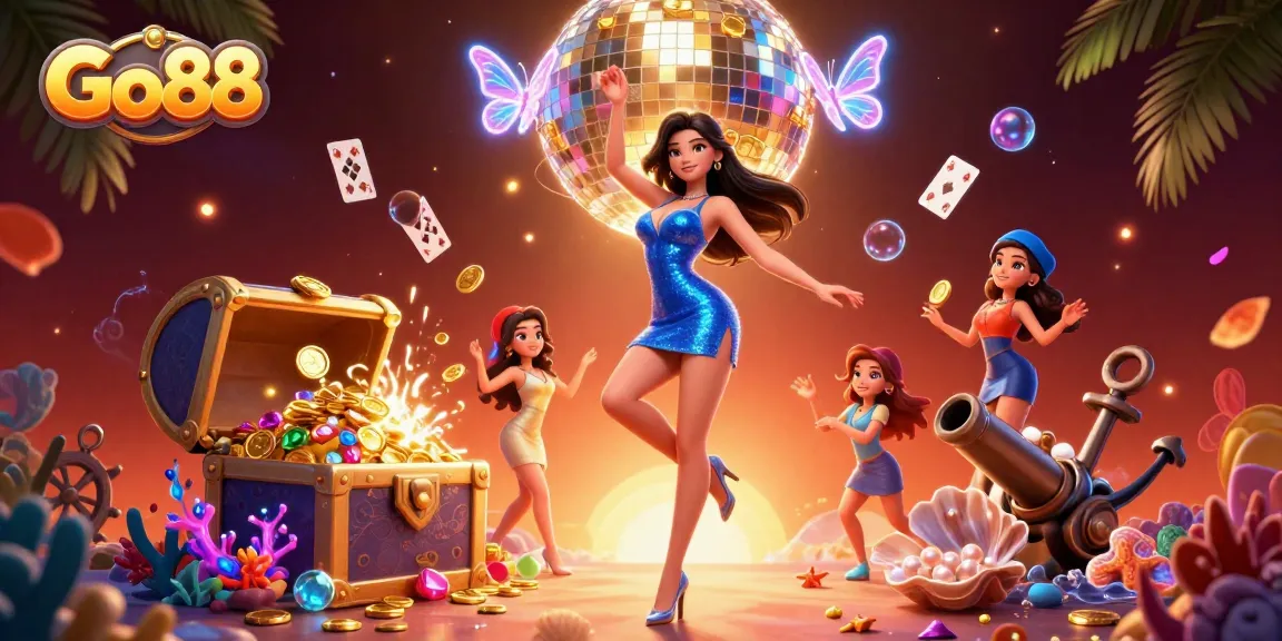 Go88 offers an exciting casino experience, featuring a glamorous woman dancing amidst poker chips and treasure.