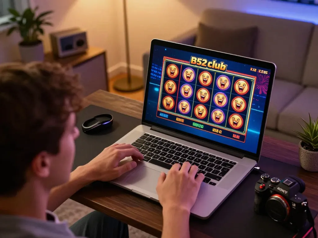 B52 club player celebrates a win in vibrant home gaming setup with online slot games.