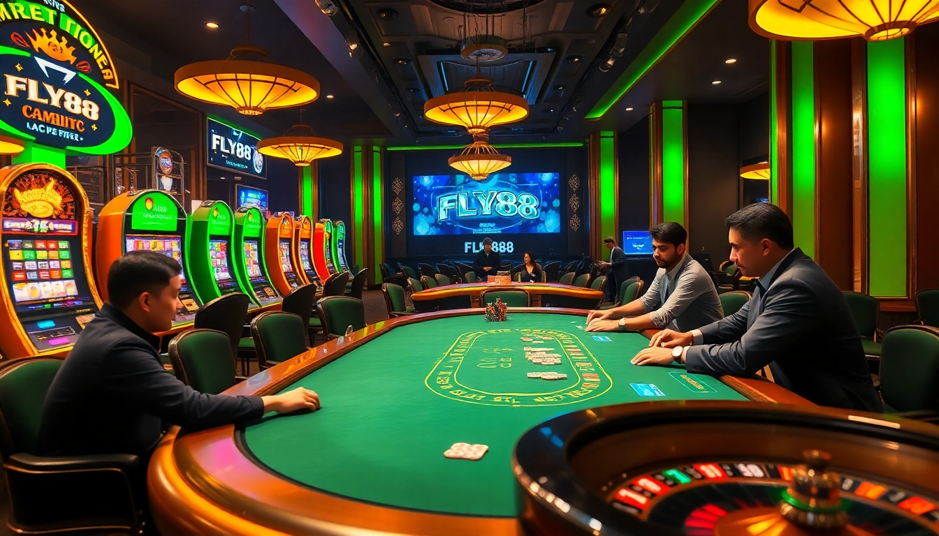 Engaged players enjoying a high-stakes game at FLY88's luxurious casino environment.