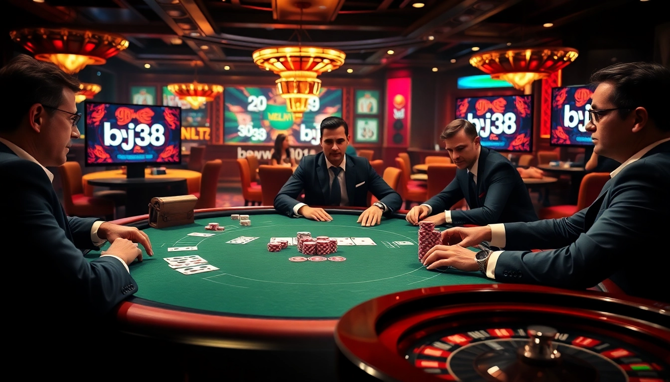 Experience the thrill of high-stakes poker with bj38 at its finest, showcasing vibrant casino energy.