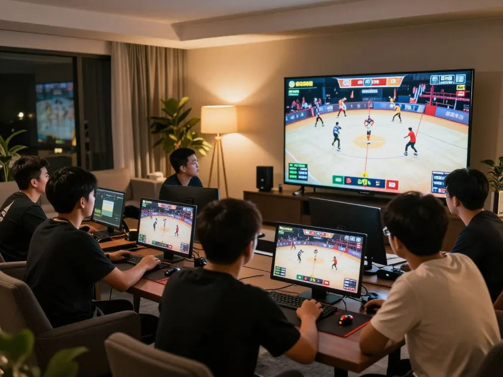 Người xem tham gia vào buổi phát trực tiếp đá gà thomo HD hấp dẫn, thể hiện sự tập trung và phấn khích mạnh mẽ trong một bối cảnh hiện đại.